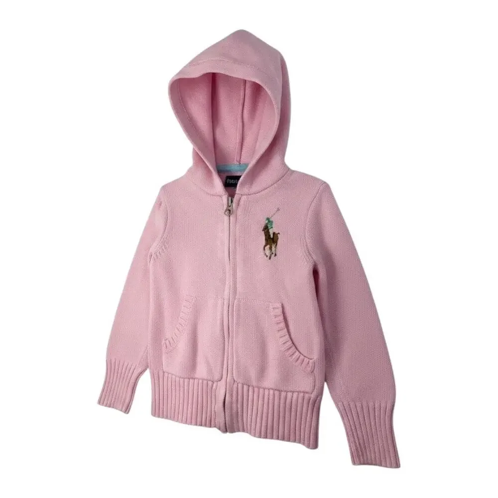 Ralph Lauren Girls 2T Pink Cotton Knit Zip Up Big Pony Hoodie Sweater Cardigan